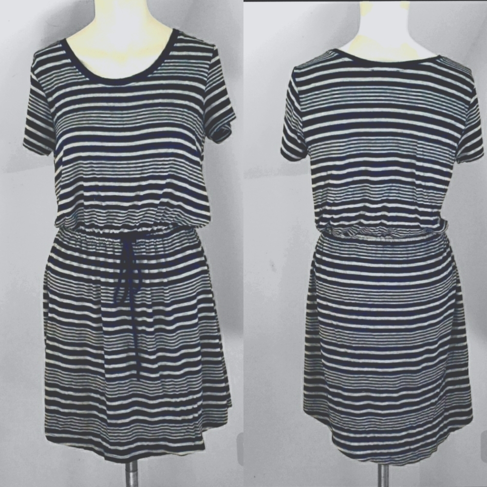 Olive & Oak Women's Navy & Gray Stripe Drawstring Waist Shirt Dress, Size M - Picture 3 of 16